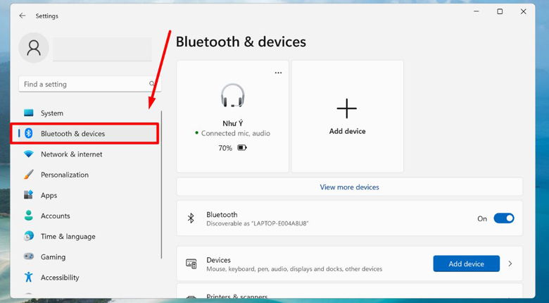 nhấn vào tab Bluetooth & devices