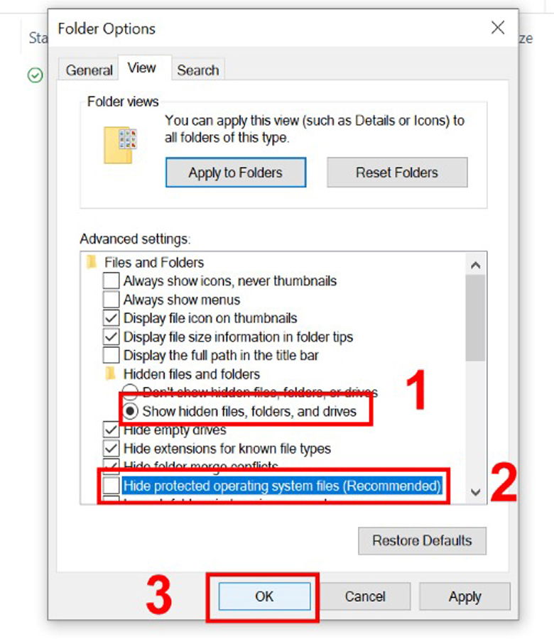 chọn Show hidden files, folders, and drives