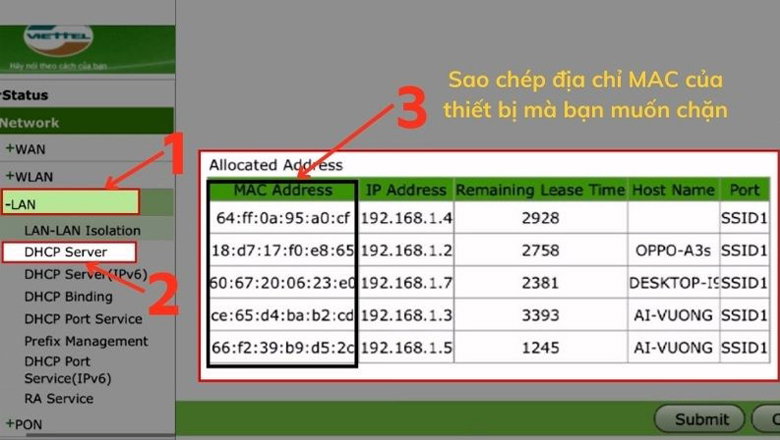 Sao chép địa chỉ MAC của những thiết bị mà bạn muốn chặn