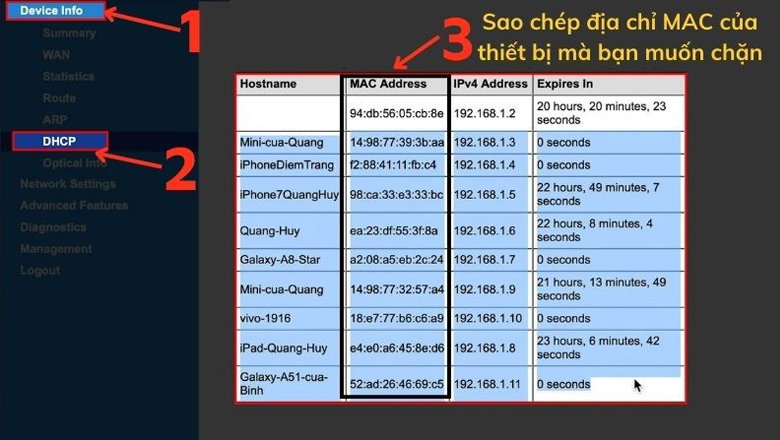 Sao chép địa chỉ MAC của những thiết bị mà bạn muốn chặn