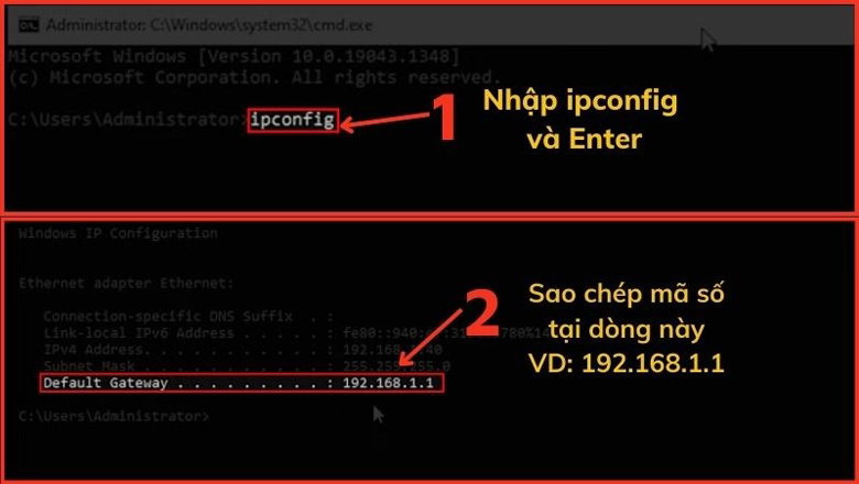 Nhập nối tiếp dòng chữ ipconfig