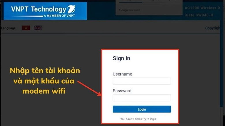 Nhập tên đăng nhập và mật khẩu của modem wifi