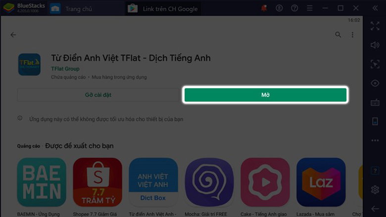 chọn Mở để truy cập vào ứng dụng