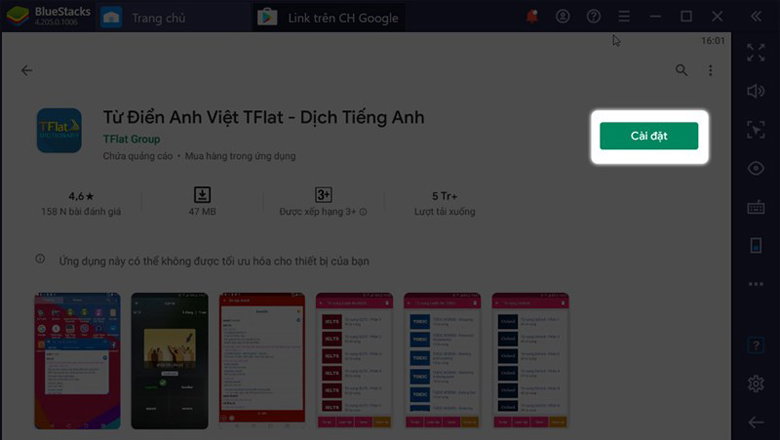 nhấn vào Cài đặt để tiếp tục