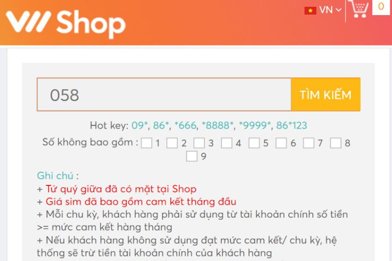 Nhập đầu số 058 vào ô tìm kiếm