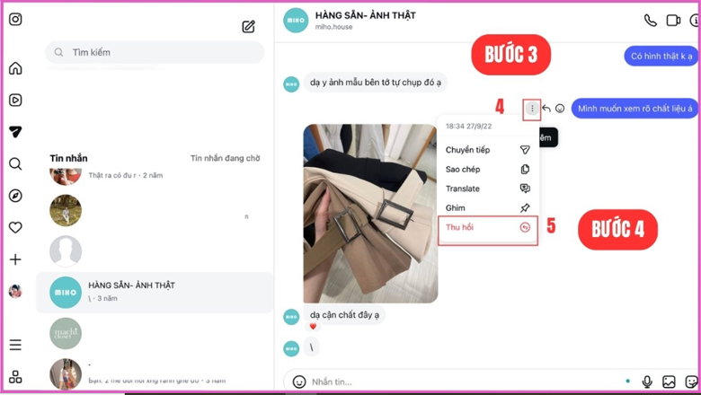 nhấn vào mục Thu hồi (Unsend)