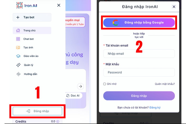 Chọn đăng nhập vào IronAI bằng tài khoản Google