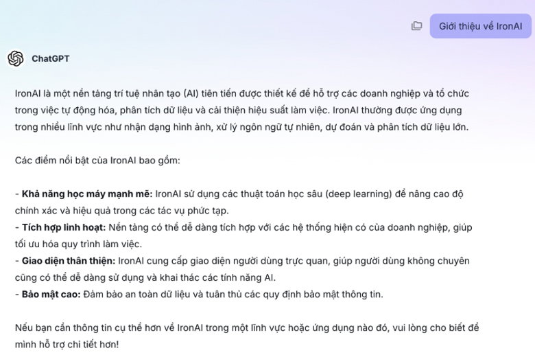 Kết quả câu trả lời của IronAI