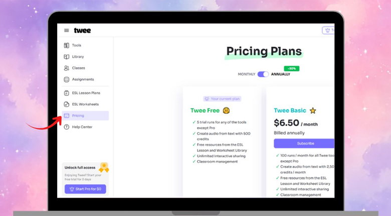 truy cập vào mục Pricing nằm trên thanh menu bên trái
