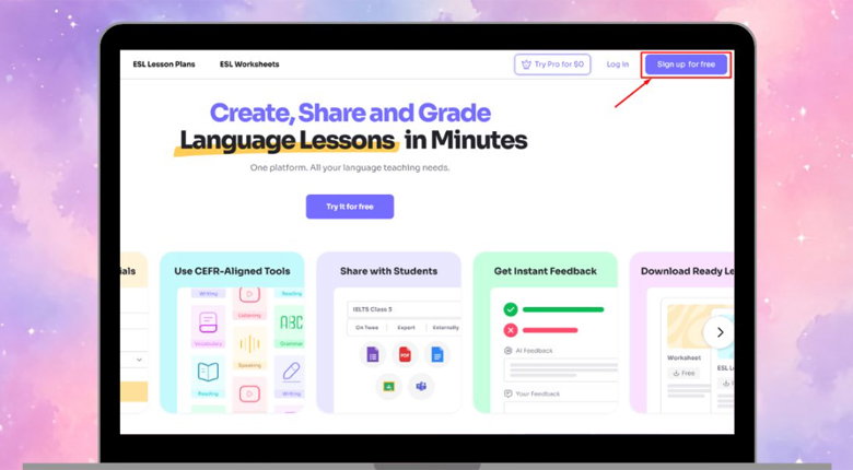 nhấn vào mục "Sign up for free" nằm ở góc trên bên phải