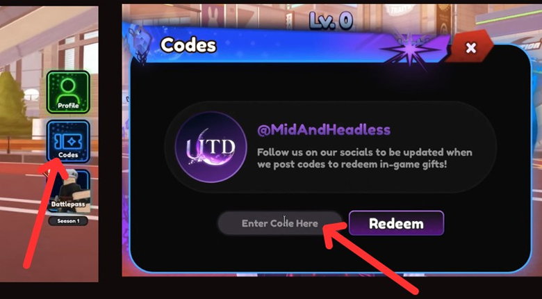 Nhấp vào nút Codes ở menu bên phải, nhập code