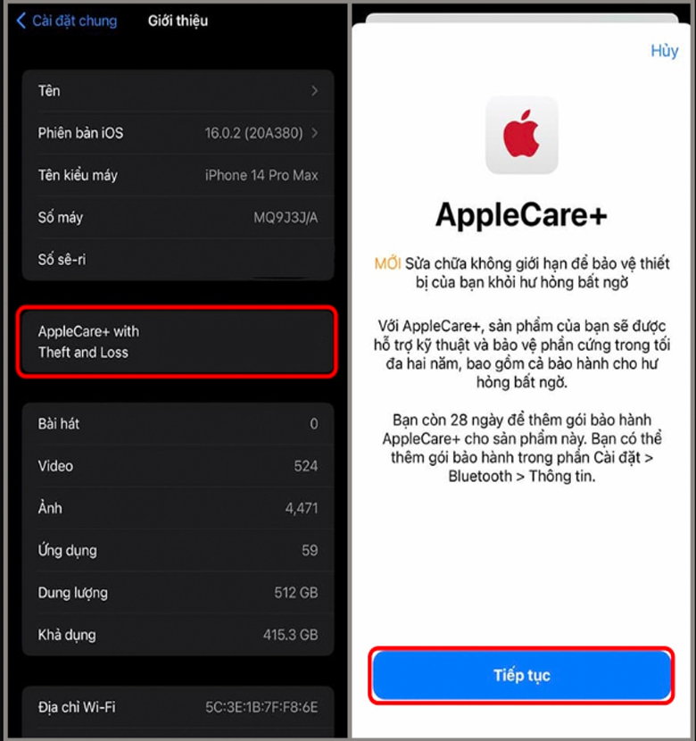 tùy chọn để mua gói Apple Care+