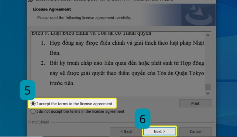 Nhấn vào mục I accept the terms in the license agreement
