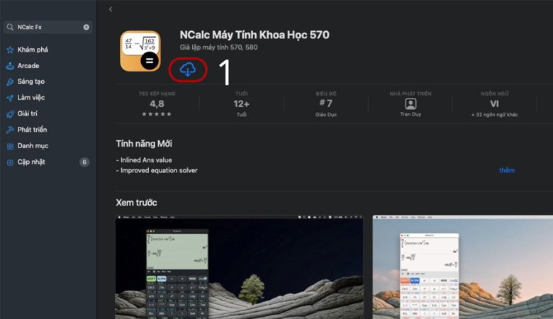 Nhấn vào mục cài đặt ứng dụng “NCalc Máy Tính Khoa Học 570”