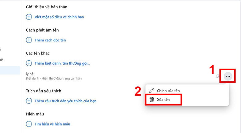 Chọn vào mục Xóa tên để thực hiện xóa biệt danh