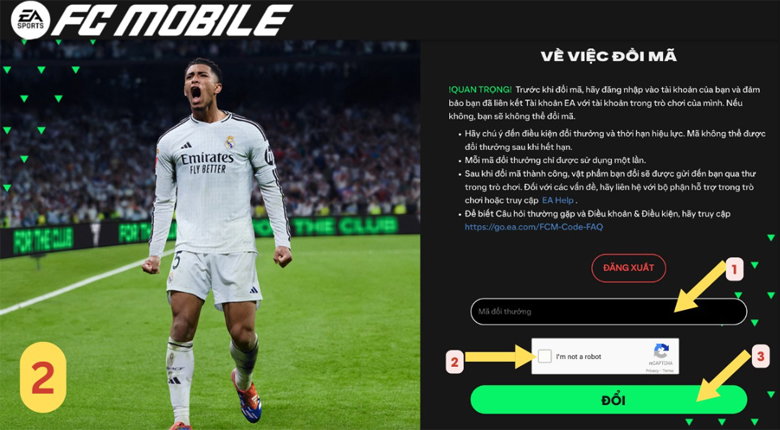 nhập mã code FC Mobile vào ô Mã Đổi Quà