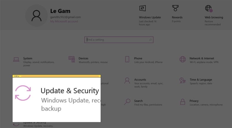chọn biểu tượng 'Update & Security' 