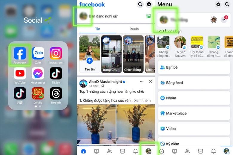 Nhấn vào biểu tượng avatar tròn nằm dưới logo Facebook