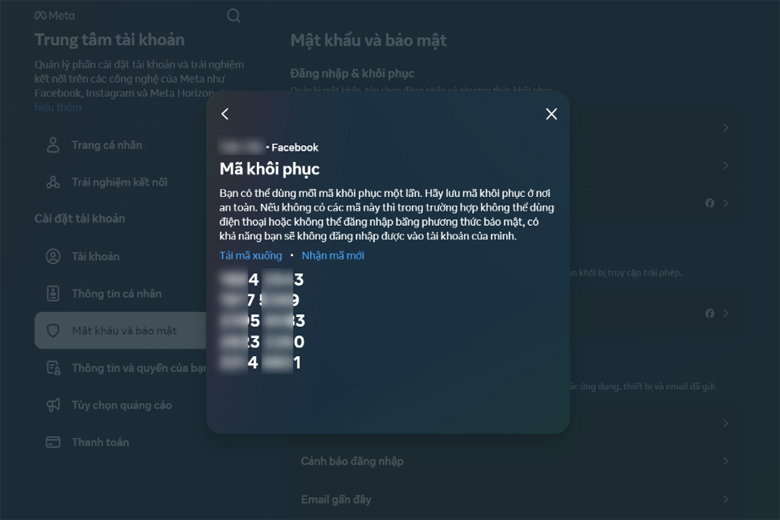 nhấn Nhận mã mới để nhận thêm mã đăng nhập Facebook mới