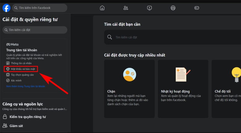 gõ từ khóa Mật khẩu và bảo mật