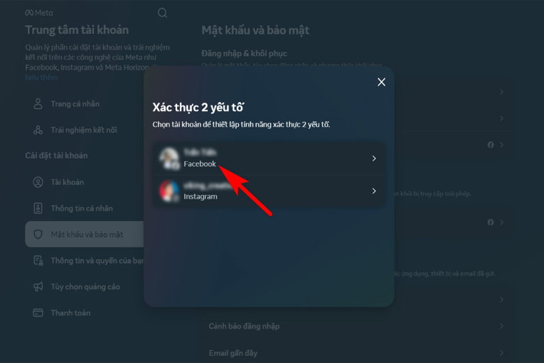 Chọn tài khoản Facebook cần lấy mã đăng nhập Facebook
