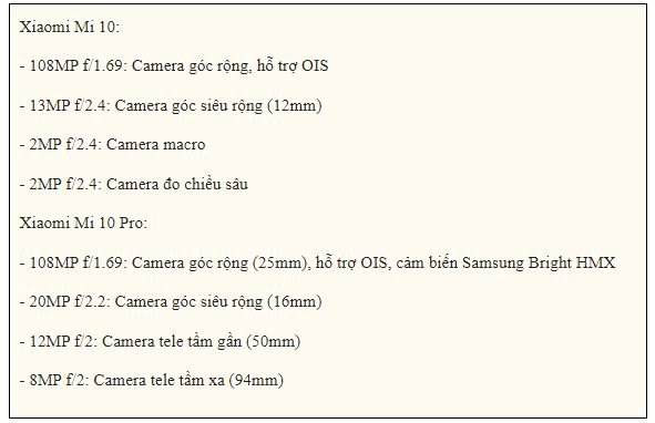 camera Xiaomi Mi 10 5G và Xiaomi Mi 10 Pro 5G