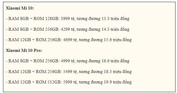 giá Xiaomi Mi 10 5G và Mi 10 Pro 5G