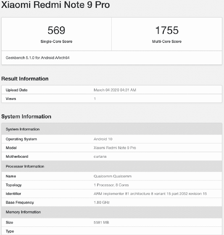 redmi note 9 pro geekbench