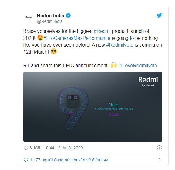 Redmi Note 9 trên Twitter Ấn Độ
