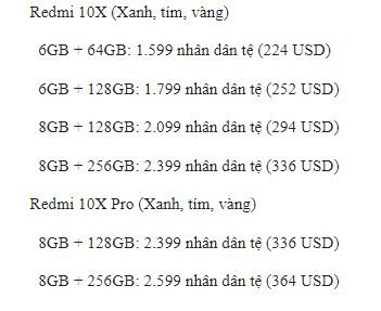 giá Redmi 10X và Redmi 10X Pro 