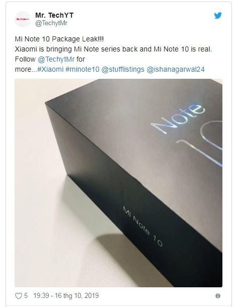 Xiaomi Mi Note 10 trên Twitter 