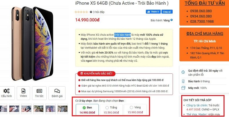 Đặt mua iPhone XS 64GB Chưa Active