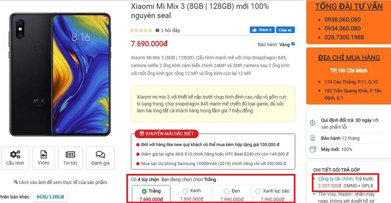 giá Xiaomi Mi Mix 3 (8/128GB) 