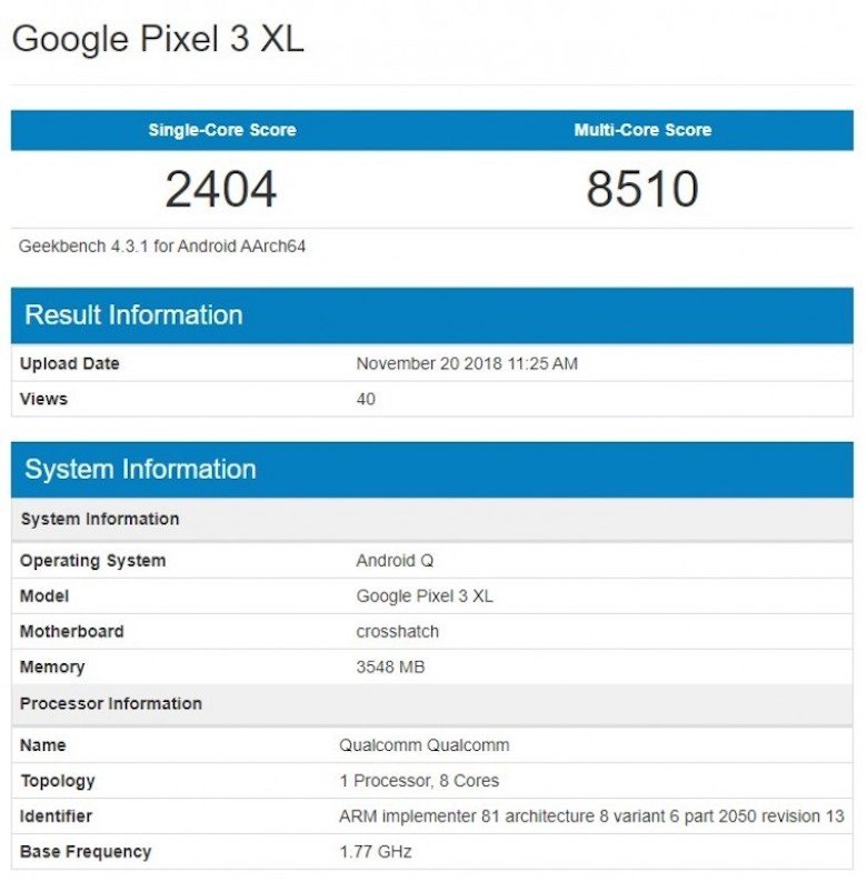 kết quả chạy thử nghiệm adroid q của google pixel 3