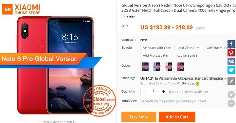Hình ảnh Xiaomi Redmi Note 6 Pro được rao bán trên AliExpress