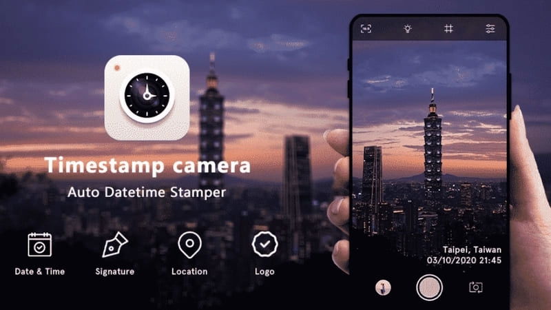 Giao diện Timestamp Camera với hiển thị thời gian và địa điểm rõ ràng