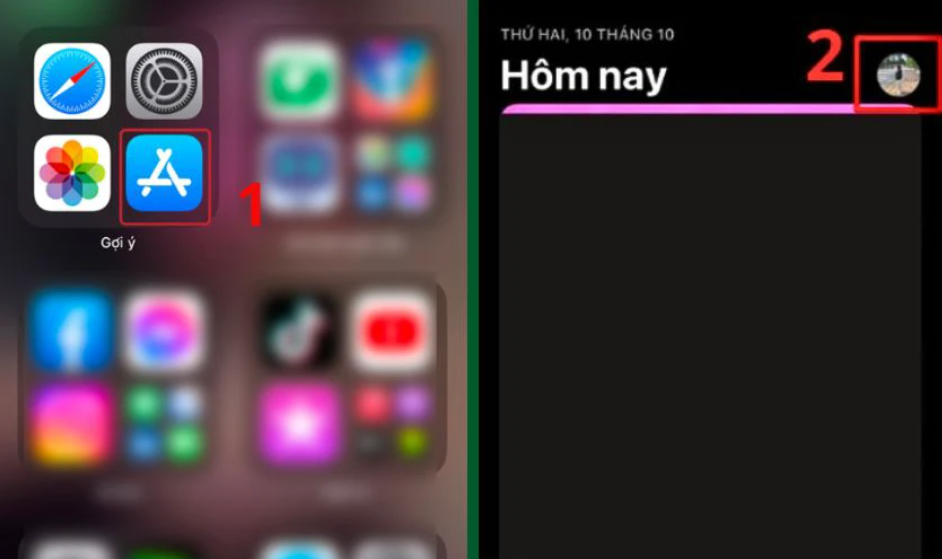 Mở App Store trên điện thoại iPhone, chọn ảnh đại diện ở góc trên bên phải