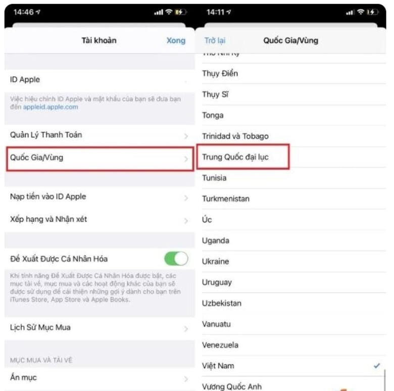 Kéo xuống và chọn Trung Quốc đại lục .
