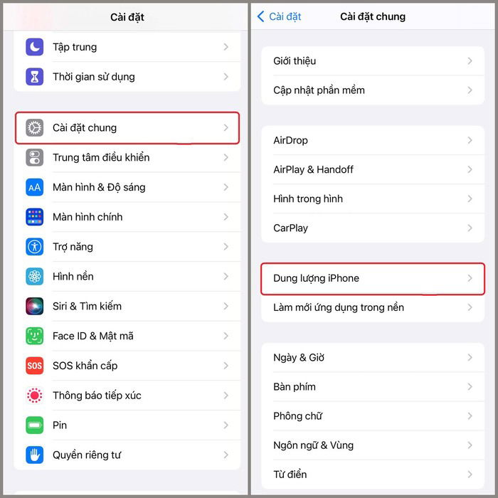 Bạn vào Cài đặt chung, sau đó chọn Dung lượng iPhone