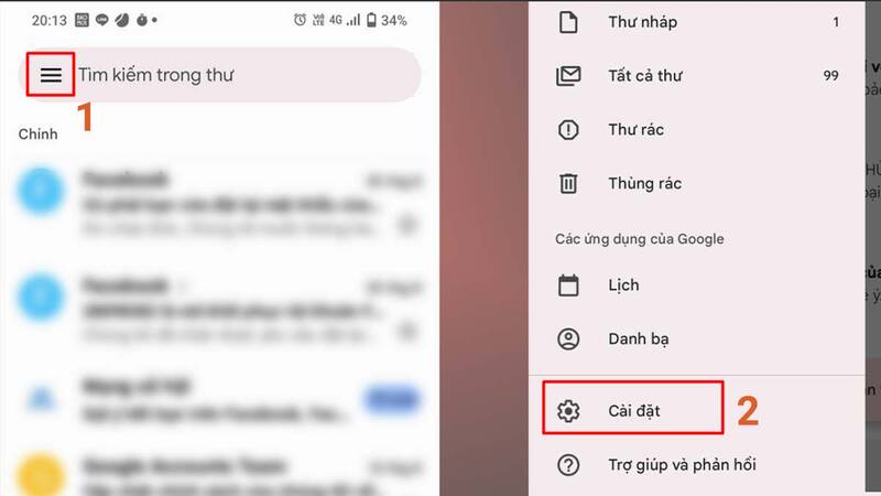 Bước 1: Đầu tiên mở ứng dụng Gmail trên điện thoại. Sau đó, chọn biểu tượng ba dấu gạch ngang ở góc trên bên phải màn hình, chọn Cài đặt.
