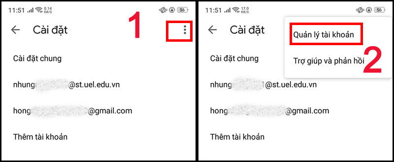 Sau khi chọn Cài đặt,chọn biểu tượng ba chấm, tiếp đến chọn “Quản lý tài khoản”