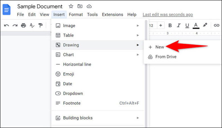 Tùy chọn Insert → Drawing → New trong menu Google Docs.